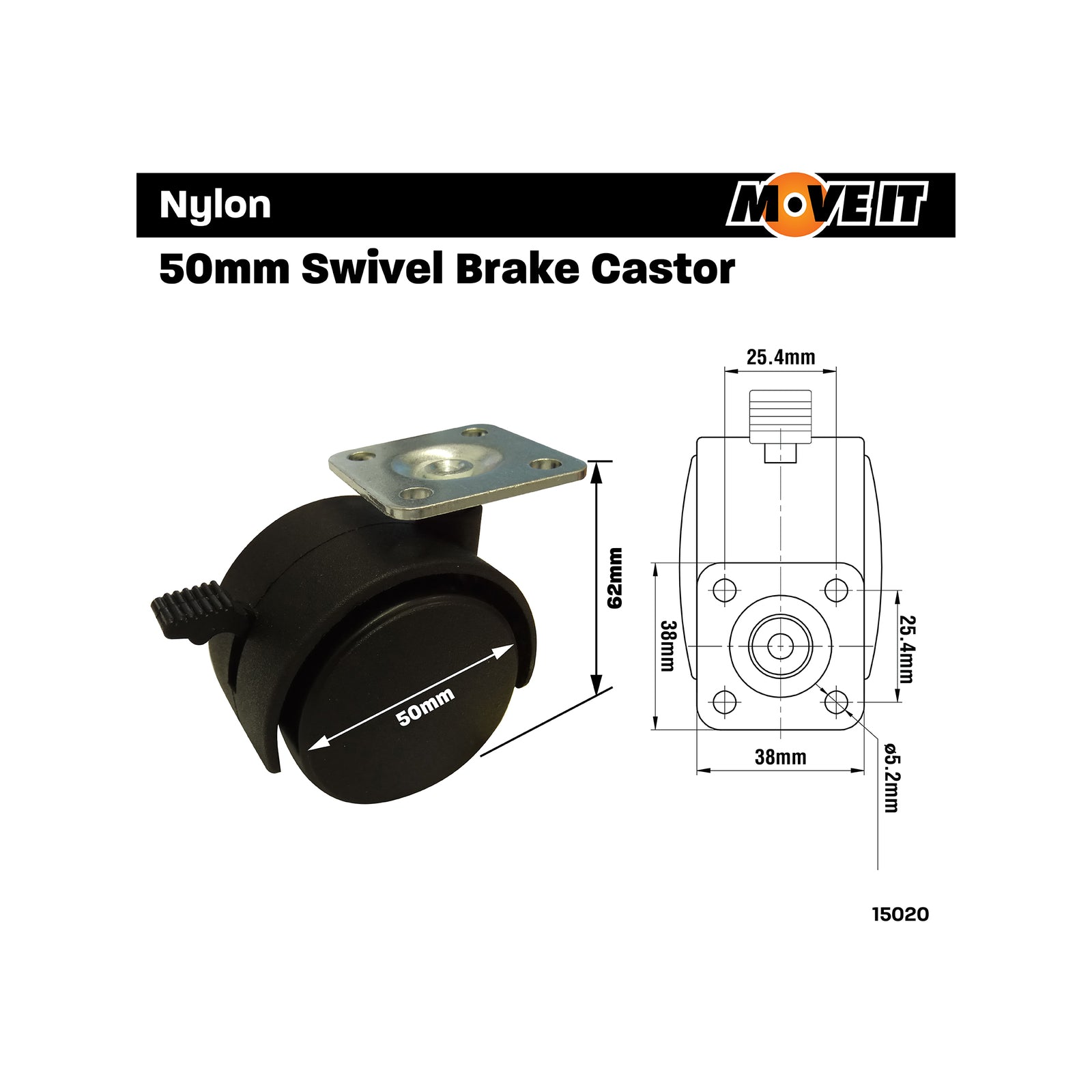 Move It 50mm Hooded Plate Furniture Castor with Brake, Nylon Twin Wheel, 50kg - 2 Pack