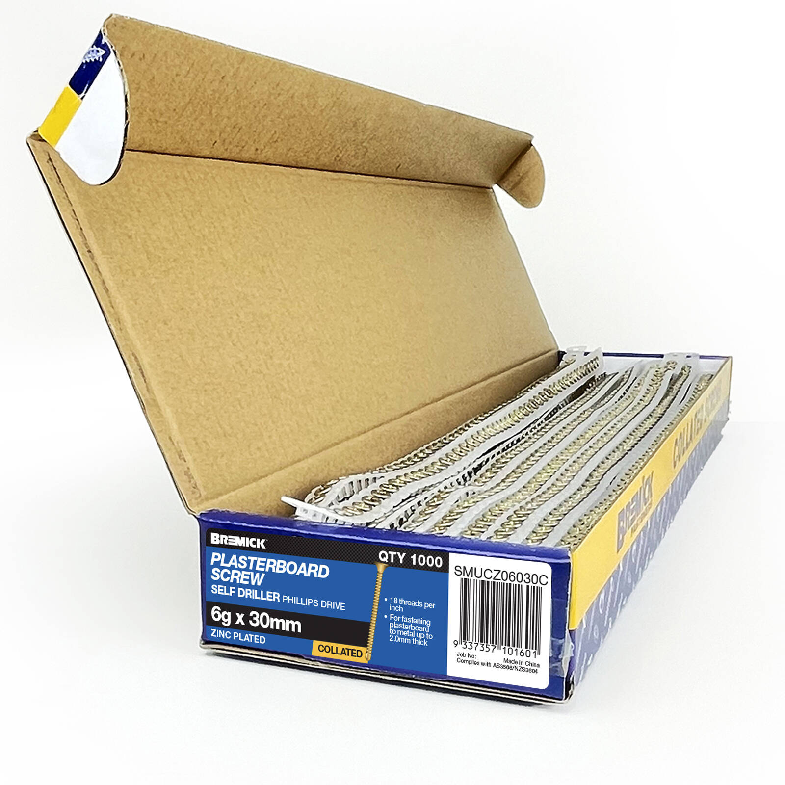 Bremick Collated Plasterboard Screws 6g x 30mm Yellow Zinc Bugle Head Fine Thread 1000 Pack