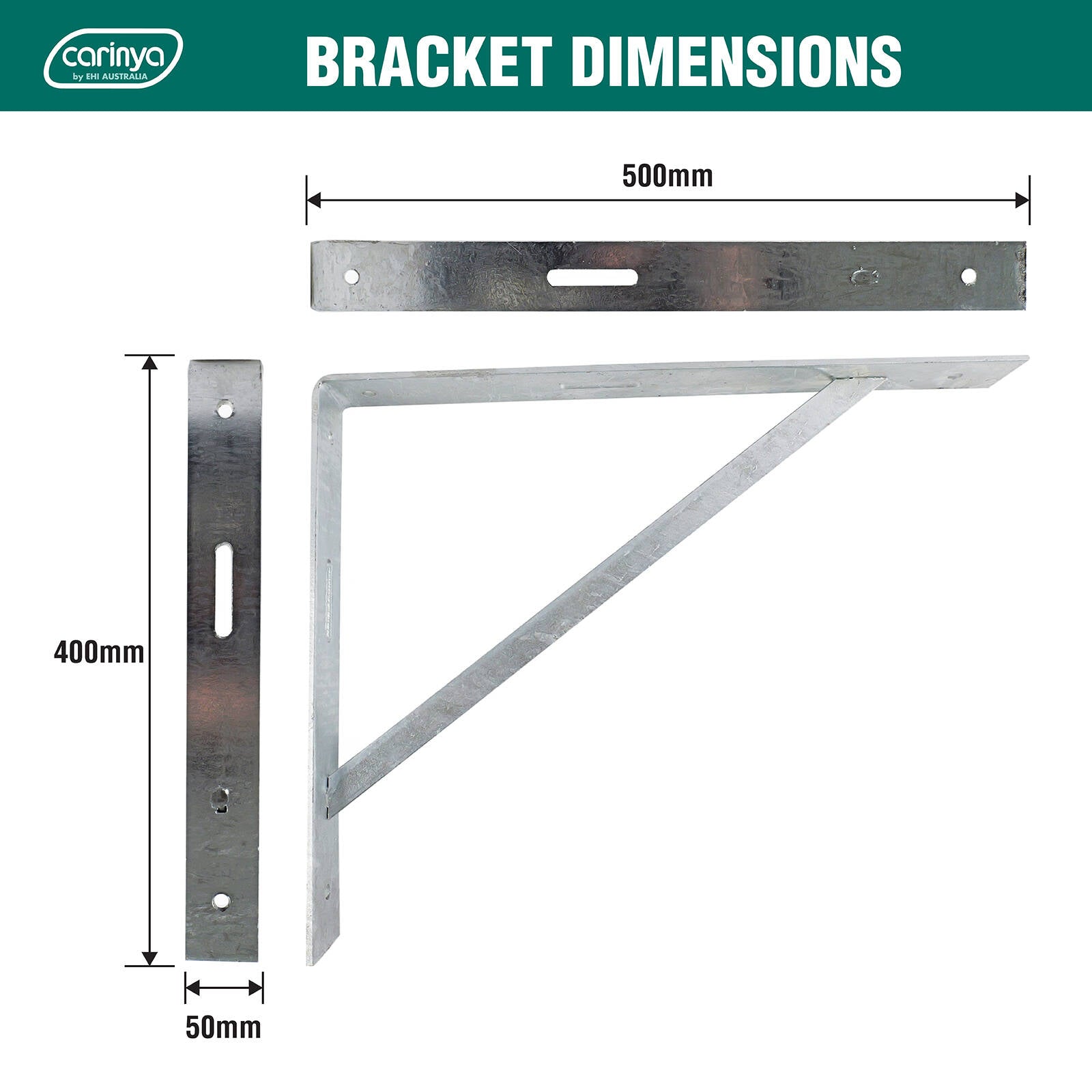 Carinya 500 x 400mm Galvanised Steel Heavy Duty Straight Stay Bracket 200kg