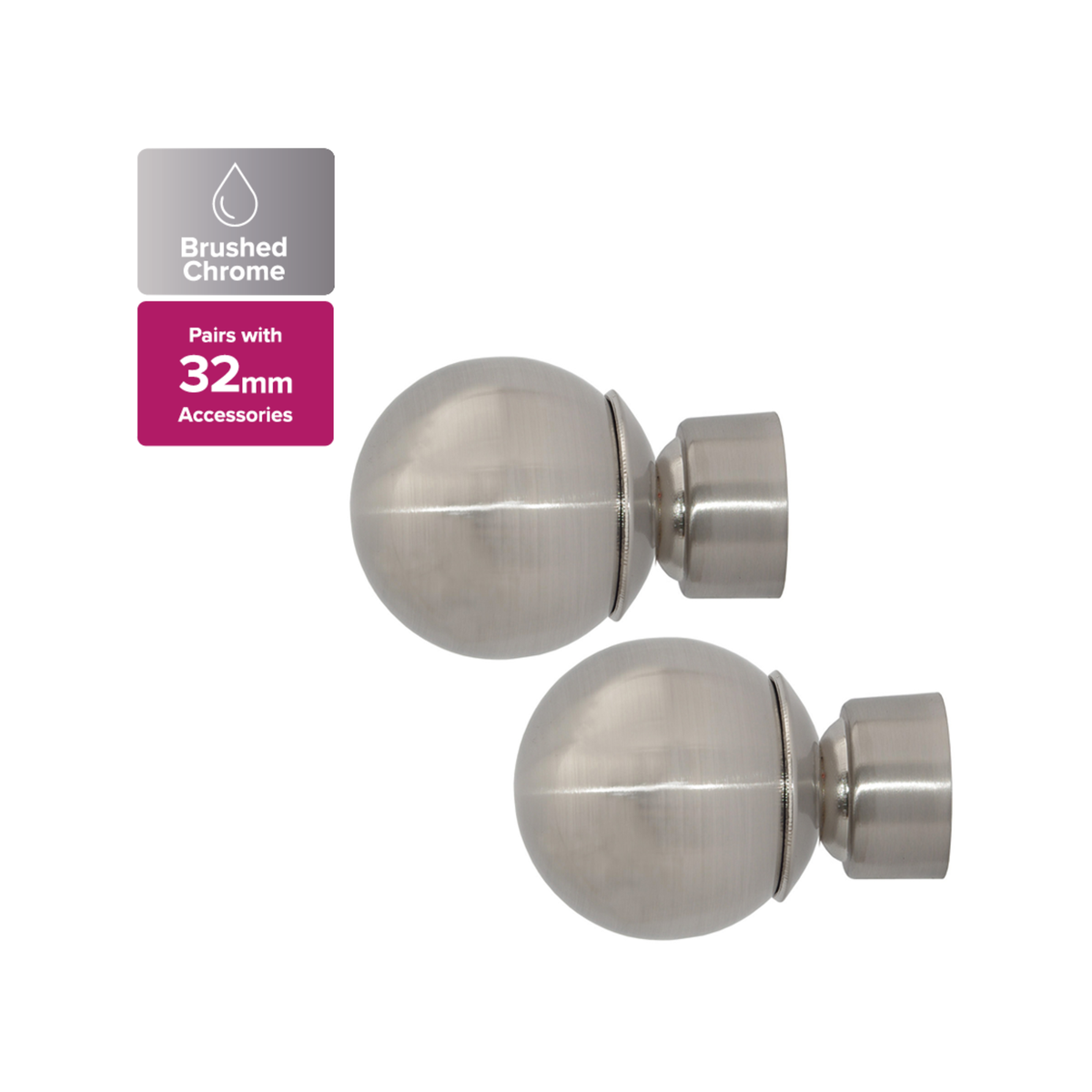 Pillar 58mm Brushed Chrome Metal Ball Finial To Suit 32mm Curtain Rod 2 Pack