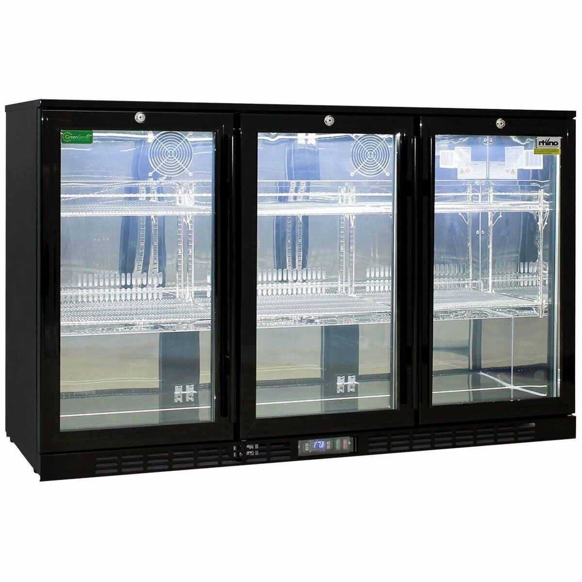 Rhino 330L Three Door Under Bench Beverage Centre - Black, Outdoor Suitable, 350 Can Capacity - SG3H-B-HD
