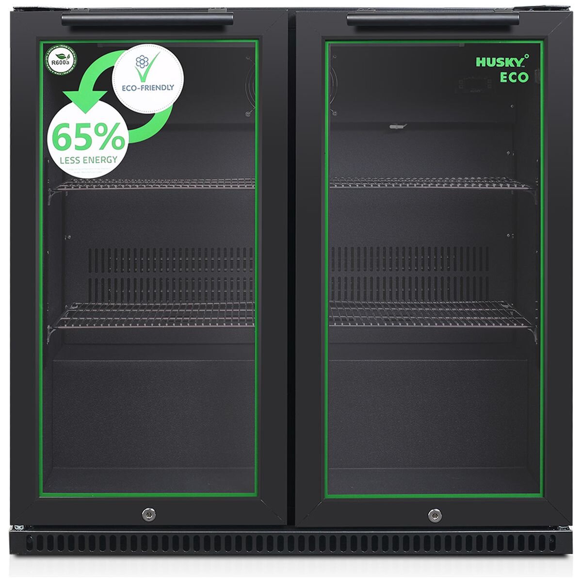 Husky 173L Eco Double Door Back Bar Drinks Chiller - Black, Electronic Controls, LED Lighting - C2HECO840BKAU