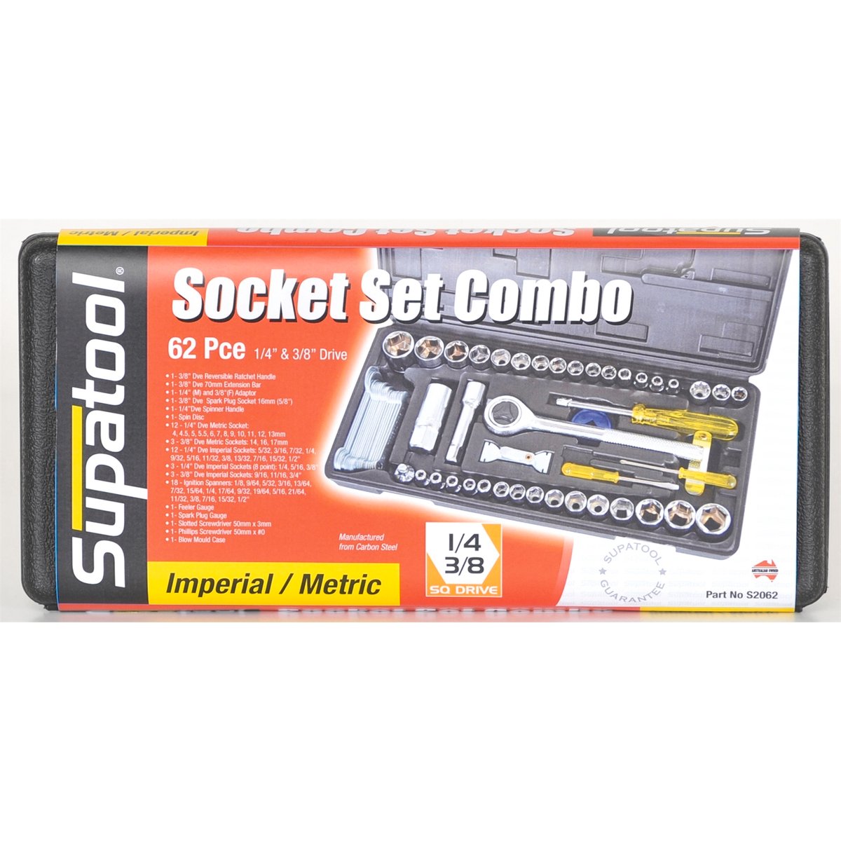 Supatool 62 Piece 1/4" & 3/8" Drive Socket Set, Carbon Steel, 6 Point, Ratcheting, with Case