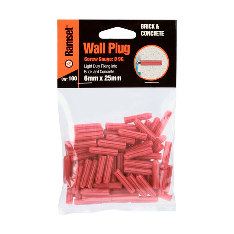 Ramset 6 x 25mm Red Plastic Wall Plugs - 100 Pack