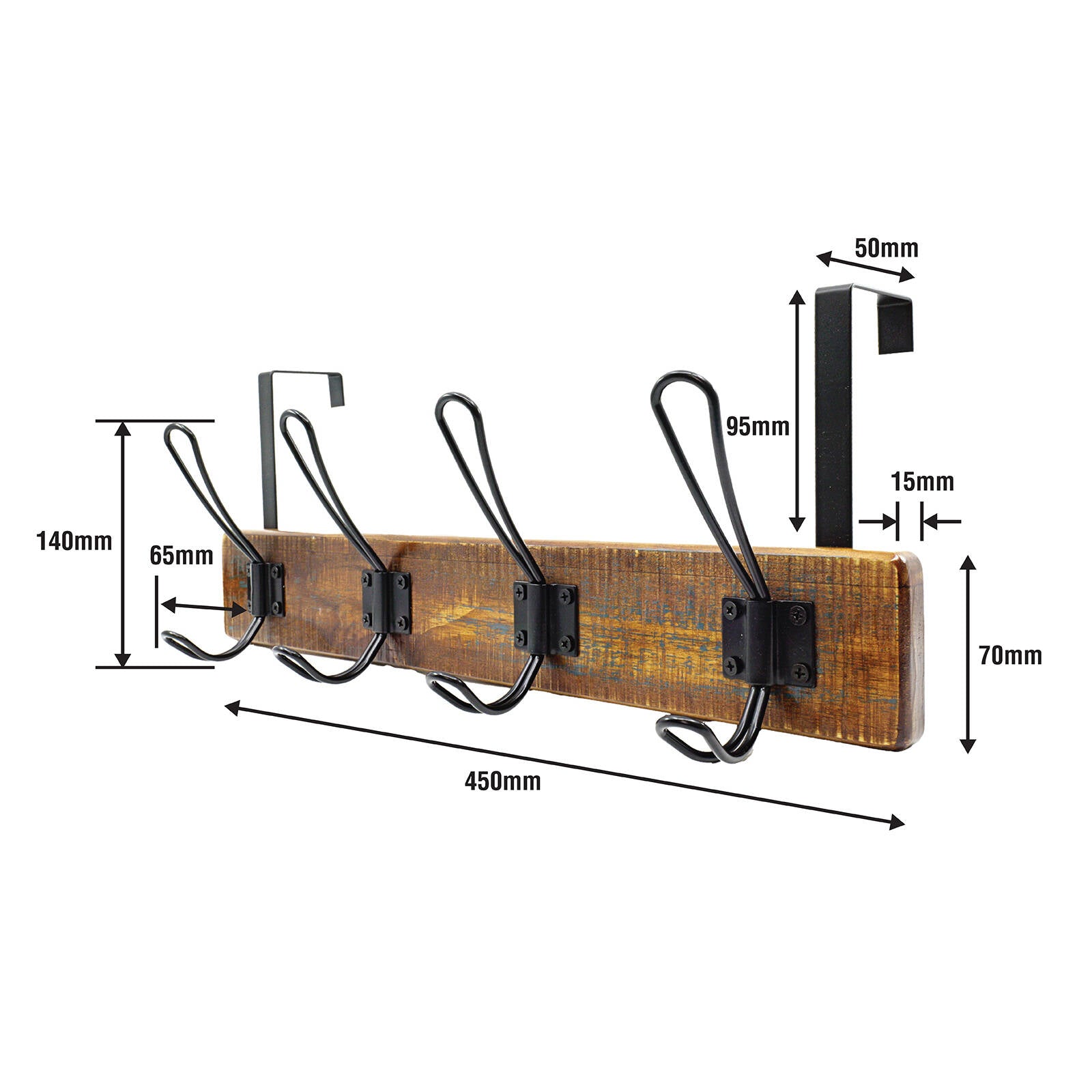 Adoored 4 Hook Rustic Board Over-The-Door Deco Rack - Black 450mm
