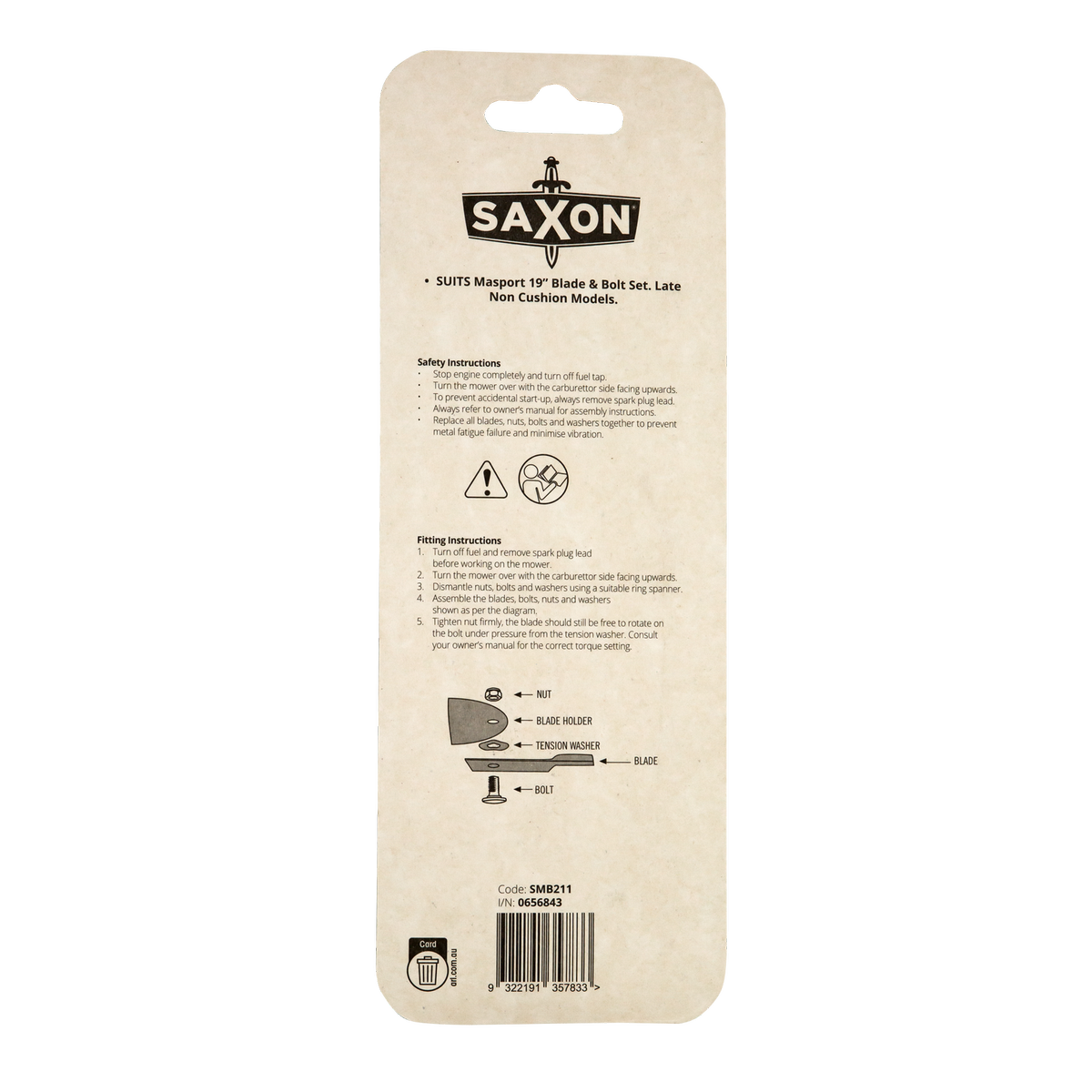 Saxon 19" Mower Blade & Bolt Set, 2 Pack, 13mm Hole, Suits Masport Late Non-Cushion Models