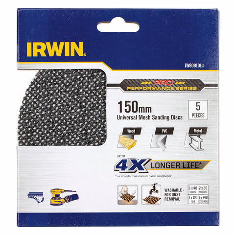 Irwin 150mm Mixed Grit Orbital Sanding Disc Mesh Velcro 5 Pack 40 80 80 120 240
