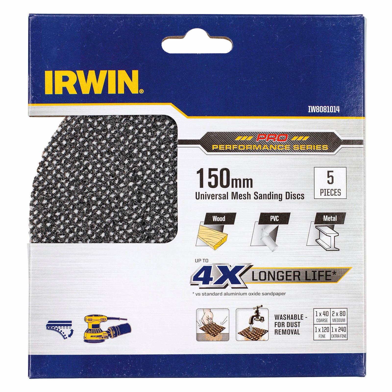 Irwin 150mm Mixed Grit Orbital Sanding Disc Mesh Velcro 5 Pack 40 80 80 120 240
