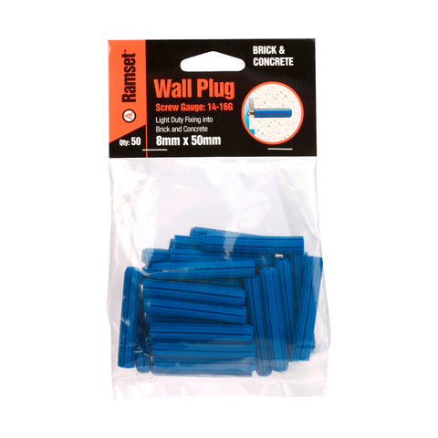 Ramset 8 x 50mm Blue Plastic Wall Plugs - 50 Pack