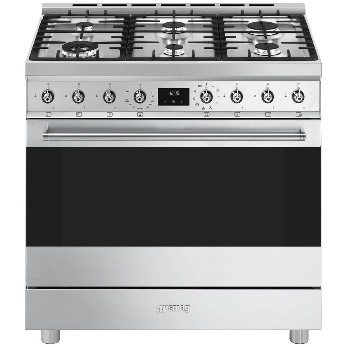 Smeg 90cm Dual Fuel Pyrolytic Freestanding Oven - Six Burner Gas Cooktop, Stainless Steel - CSP9GMXA2