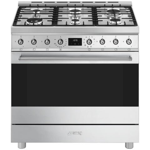 Smeg 90cm Dual Fuel Pyrolytic Freestanding Oven - Six Burner Gas Cooktop, Stainless Steel - CSP9GMXA2