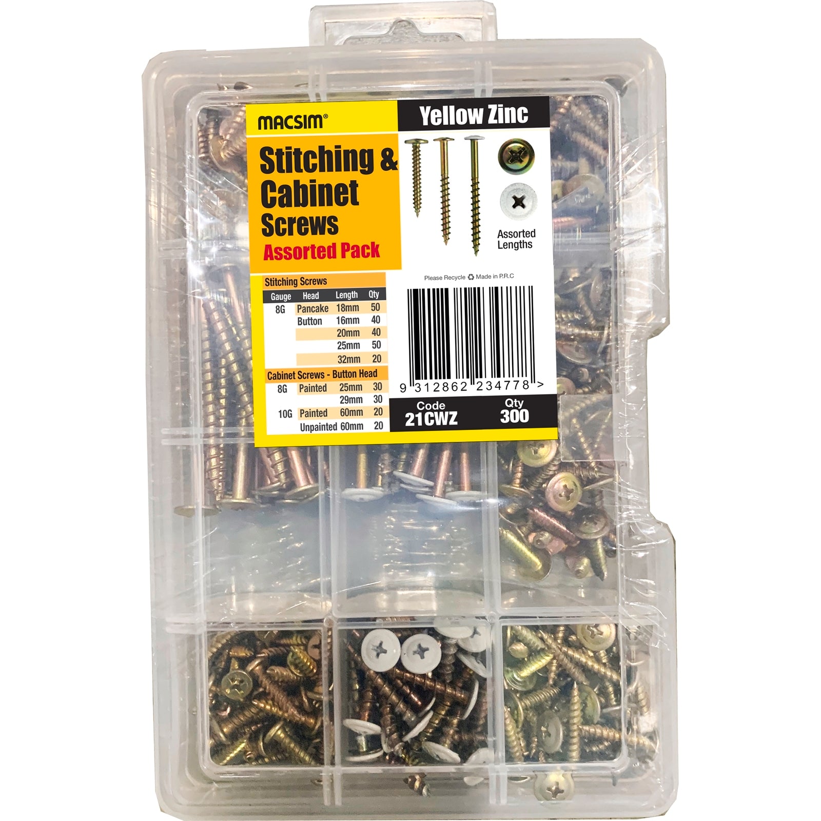 Macsim 300 Piece Assorted Yellow Zinc Stitching and Cabinet Screws