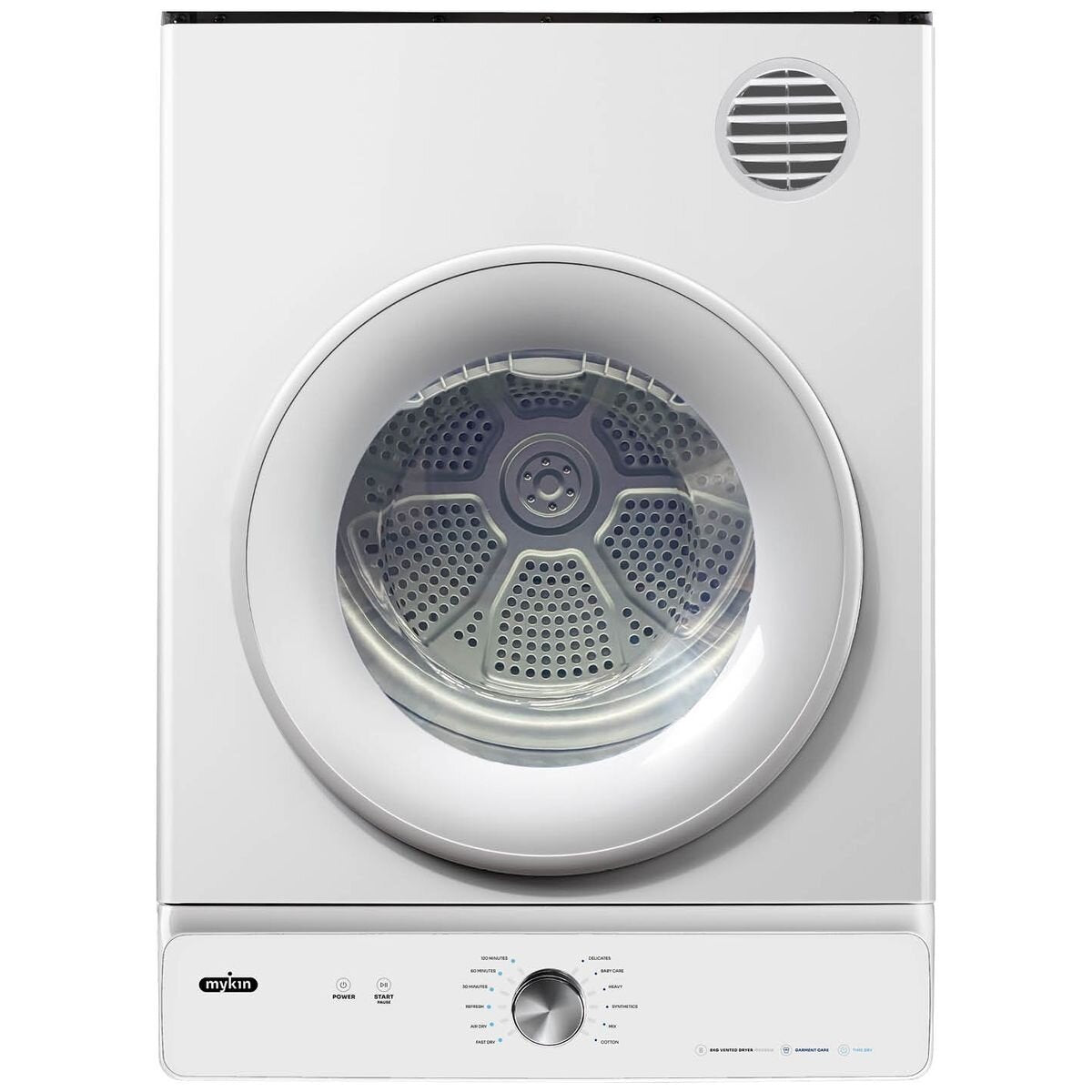 Mykin 8kg Vented Dryer - 12 Drying Programs, Reverse Tumble, Wall Mountable, White - MVD28W