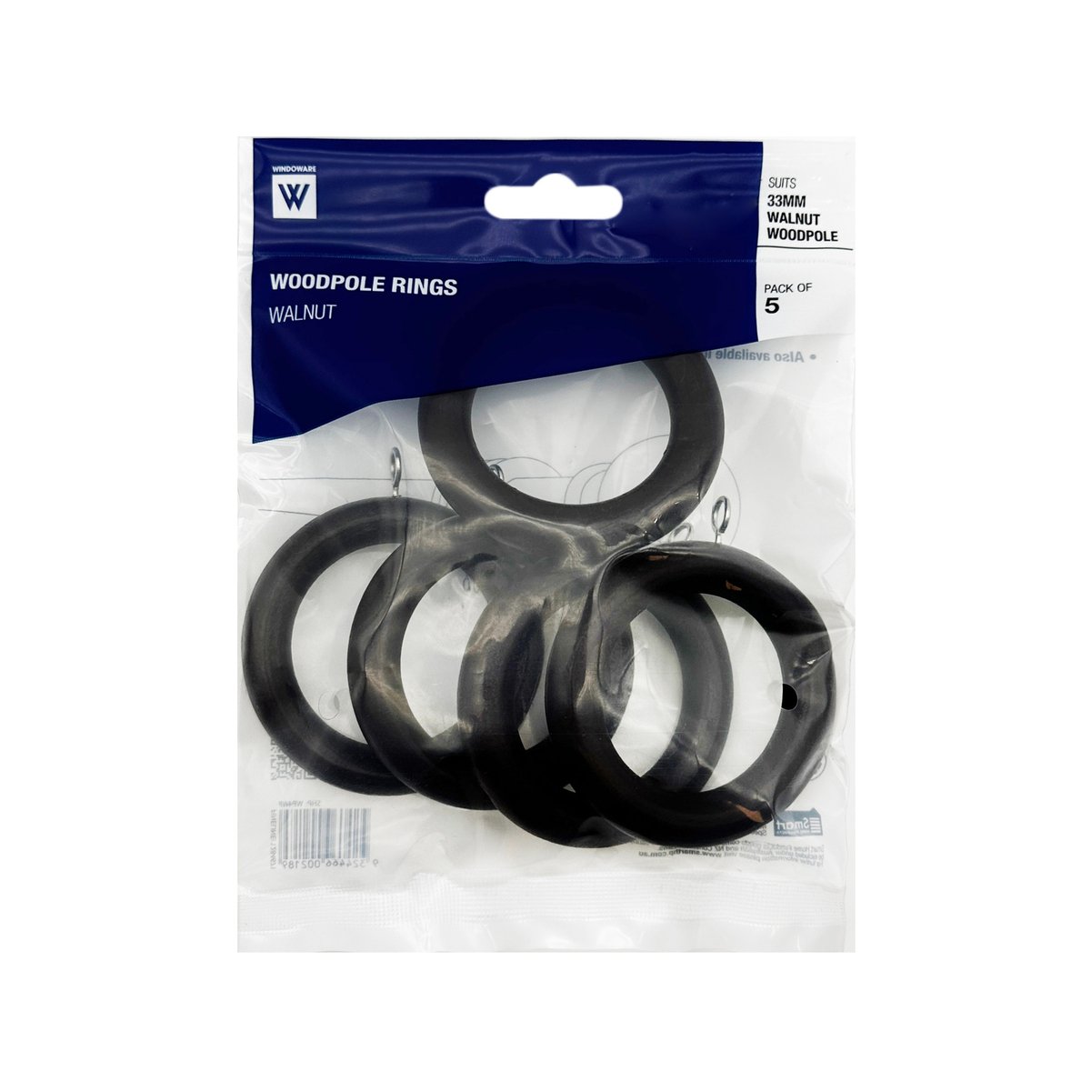 Windoware Walnut Timber Curtain Wood Pole Rings - 5 Pack