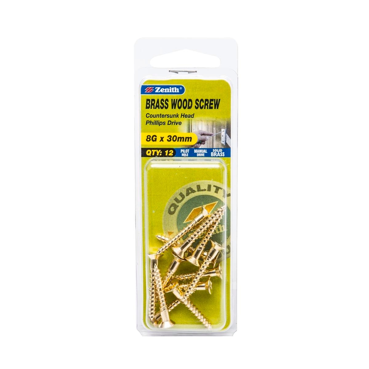Zenith 8G x 30mm Brass Countersunk Wood Screws - 12 Pack