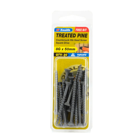 Zenith 8G x 50mm Tufcote Countersunk Rib Head Treated Pine Screws 20 Pack