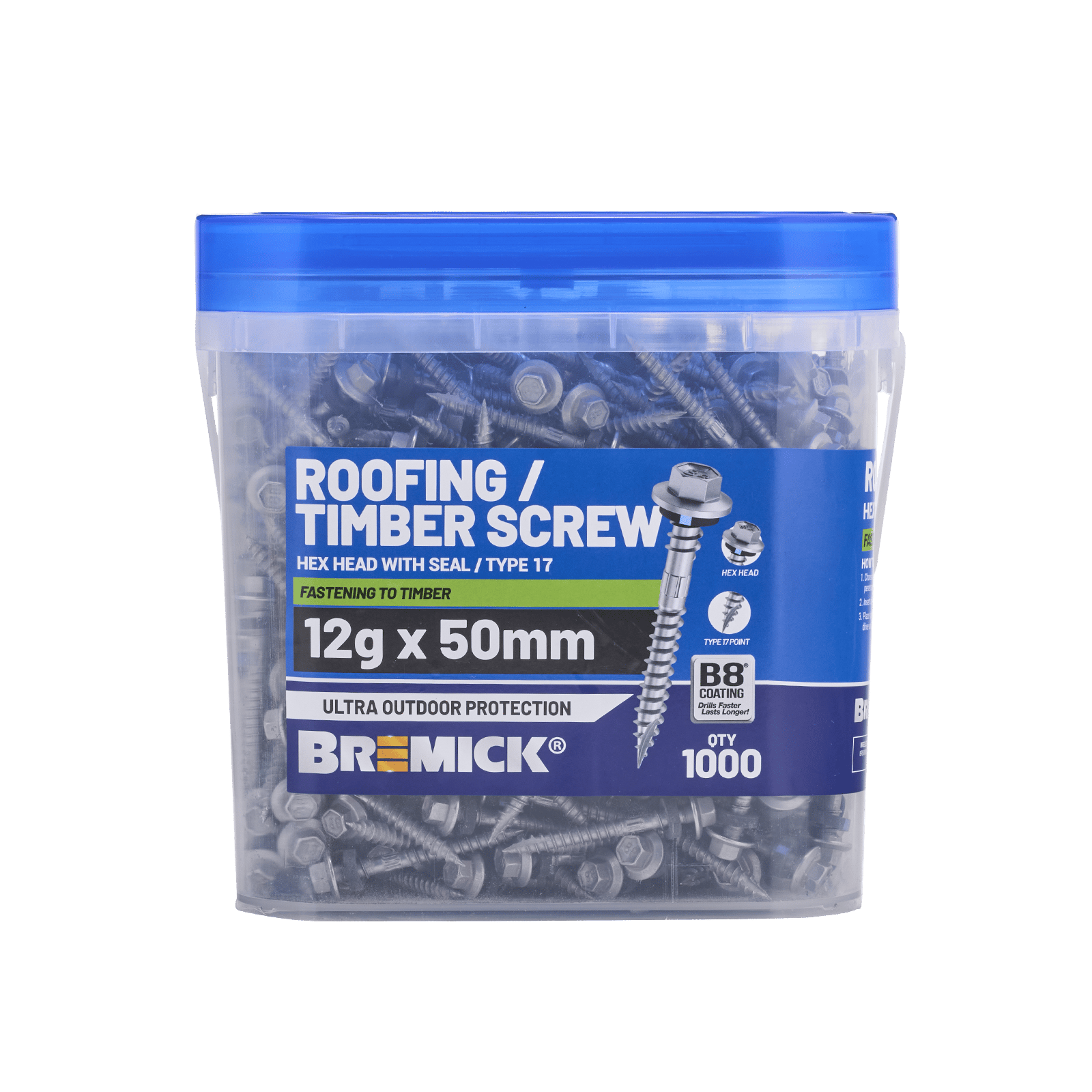 Bremick 12g x 50mm Hex Roofing Screw, Carbon Steel B8 Coating, Sealed Head Type 17 Point - 1000 Box