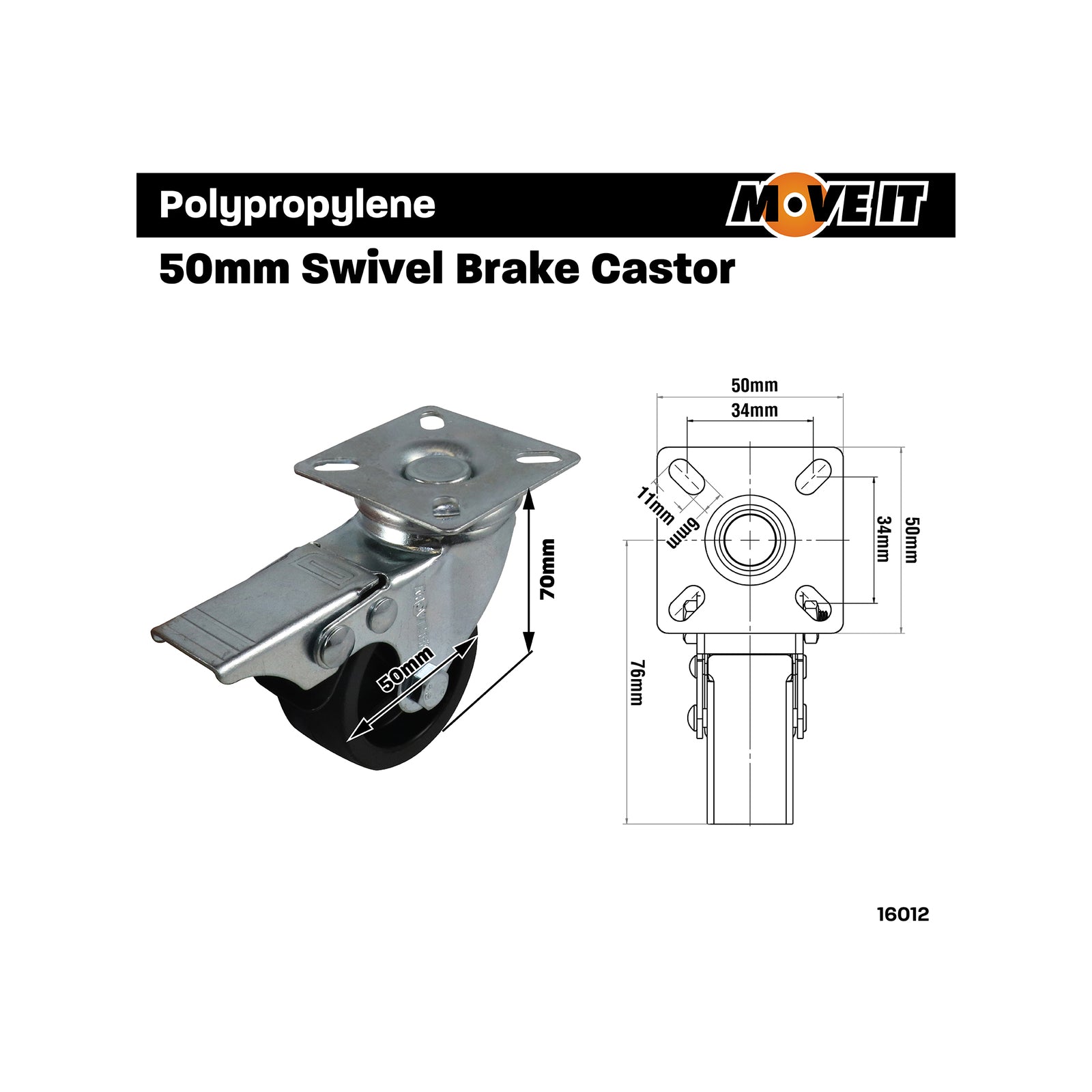 Move It 50mm Swivel Brake Castor Black 40kg Steel Plate