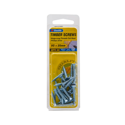 Zenith 8G x 25mm Zinc Plated Hinge-Long Thread Countersunk Timber Screws, 30 Pack