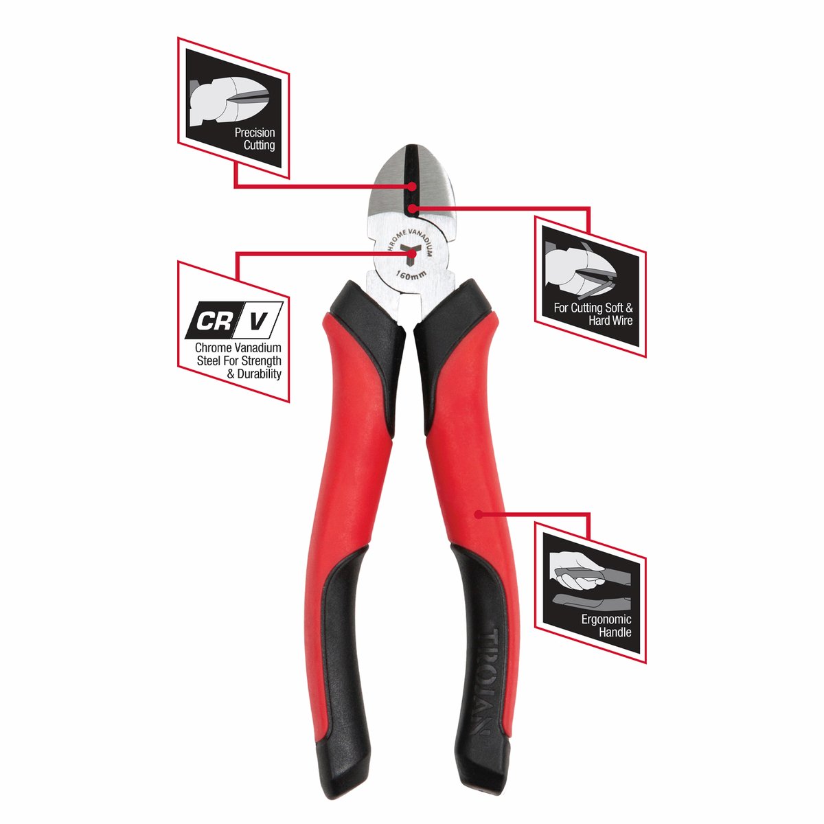 Trojan 160mm Side Cutting Plier - Chrome Vanadium Steel - Red and Black - SuperSaverAU - view 3