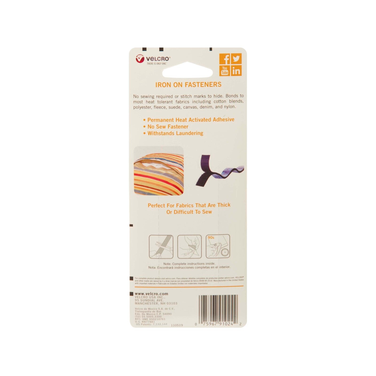 VELCRO Brand Iron-On Roll, Black, 609mm x 19mm, No-Sew Fabric Fastener