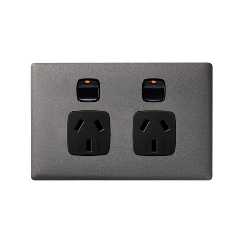 HPM Linea Double Powerpoint, Gun Metal & Black, 10A, Slim ABS Indoor, CDLN777BLGL