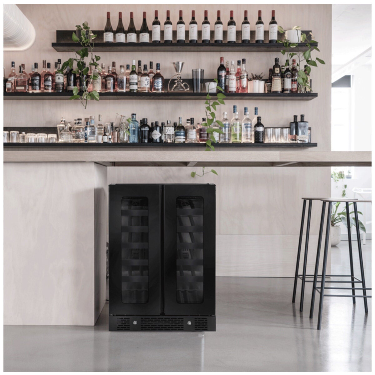 Artusi 36 bottle dual zone wine fridge - matte black, side by side doors, touch controls - AWC36BV