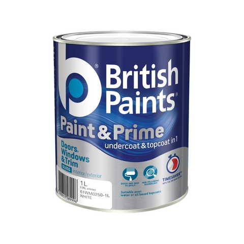British Paints 1L White Gloss Paint and Prime Doors Windows Trim Undercoat Topcoat