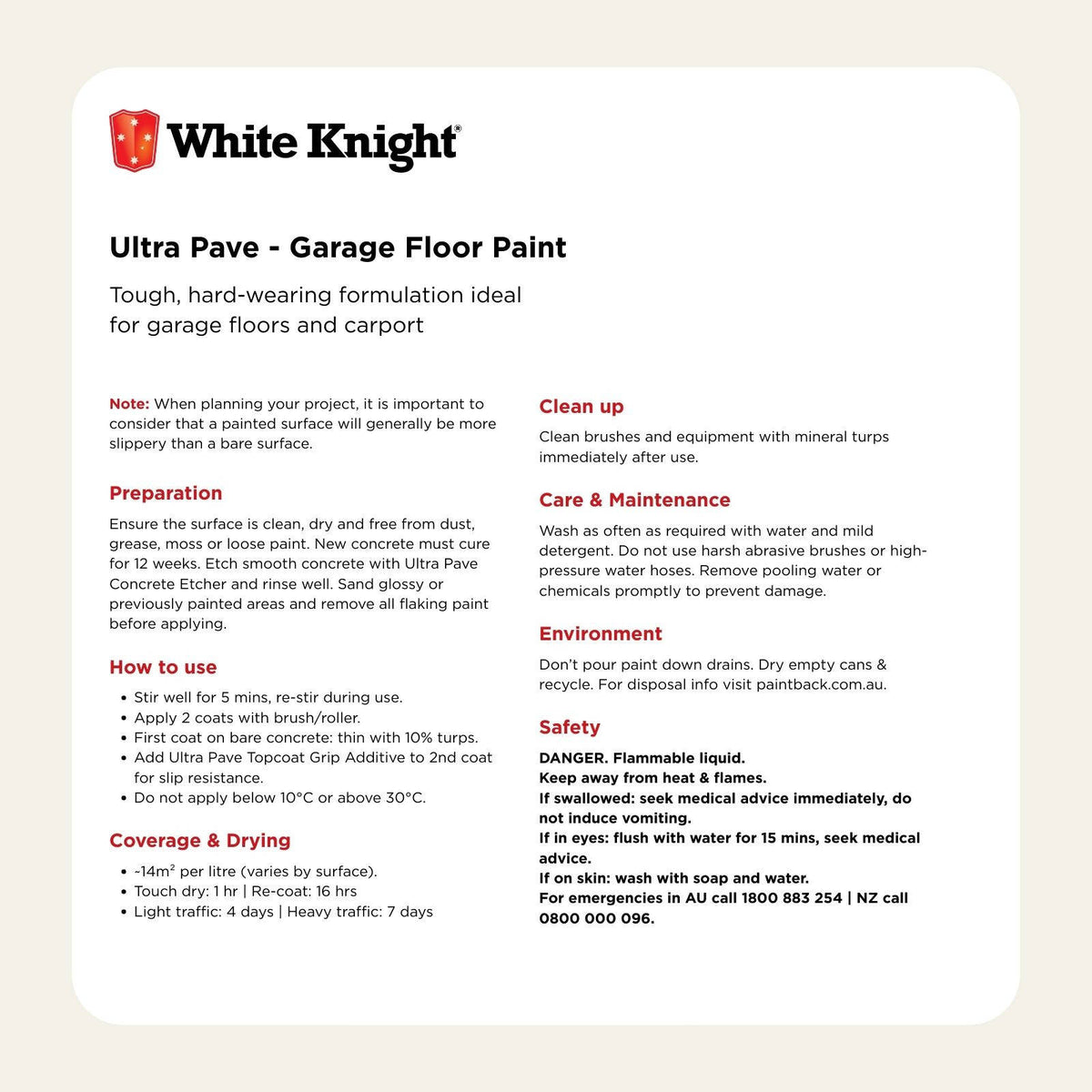 White Knight Ultra Pave Heavy Duty Garage Floor Paint 1L White