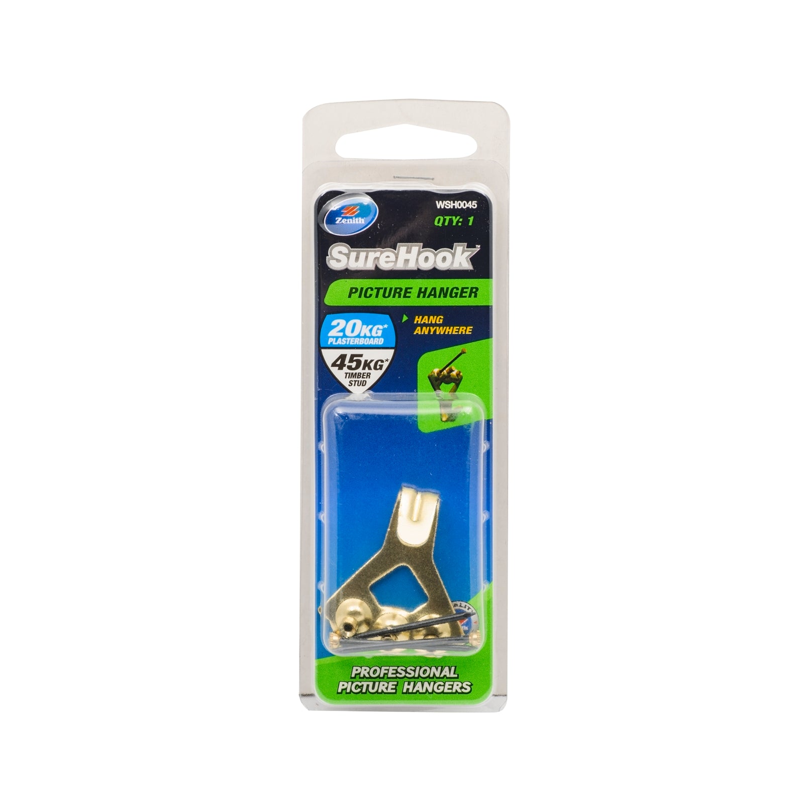 Zenith SureHook 20/45kg Brass Plated Picture Hanger - Plasterboard & Timber Stud
