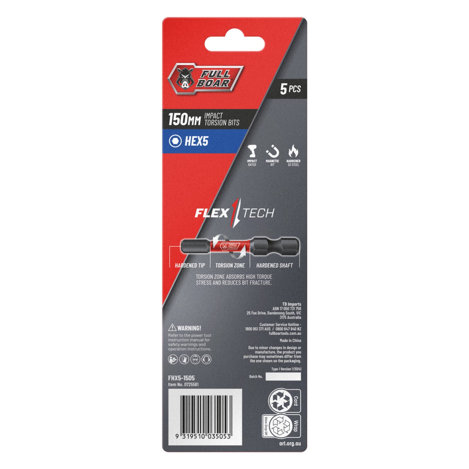 Full Boar HEX5 x 150mm S2 Steel Impact Torsion Bit Set 5 Pack FHX5-1505