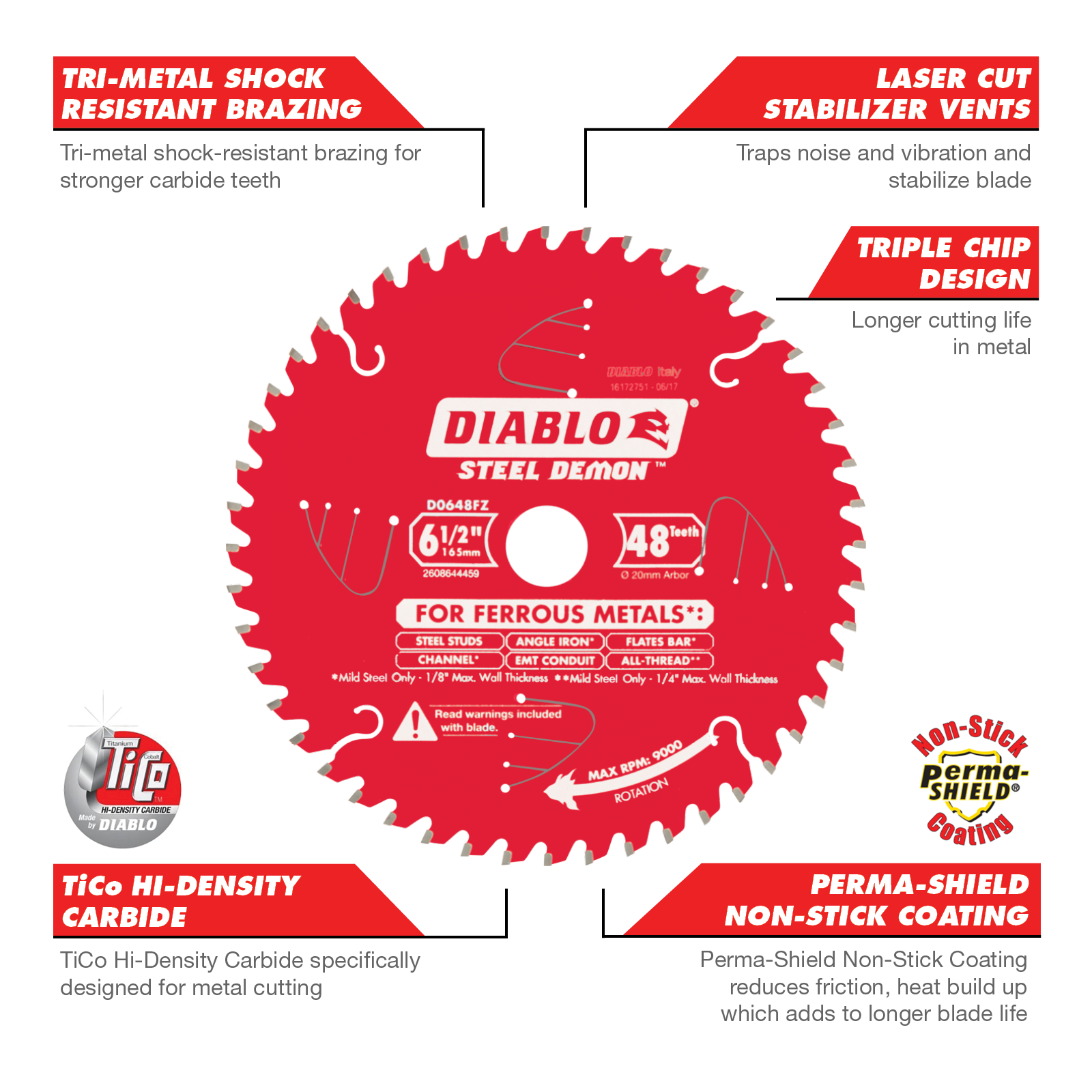 Diablo 165mm 48T Steel Demon Circular Saw Blade for Ferrous Metals - 20mm Arbor