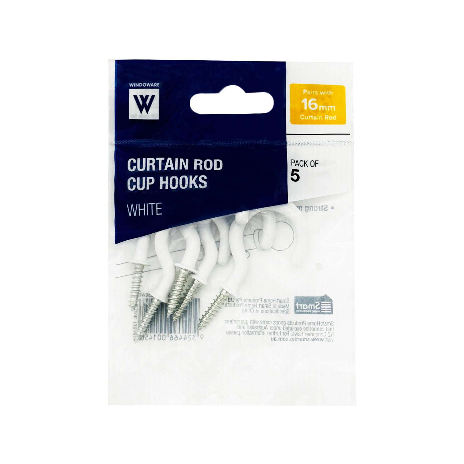 Windoware 16mm White Plastic Coated Metal Curtain Rod Cup Hooks - 5 Pack