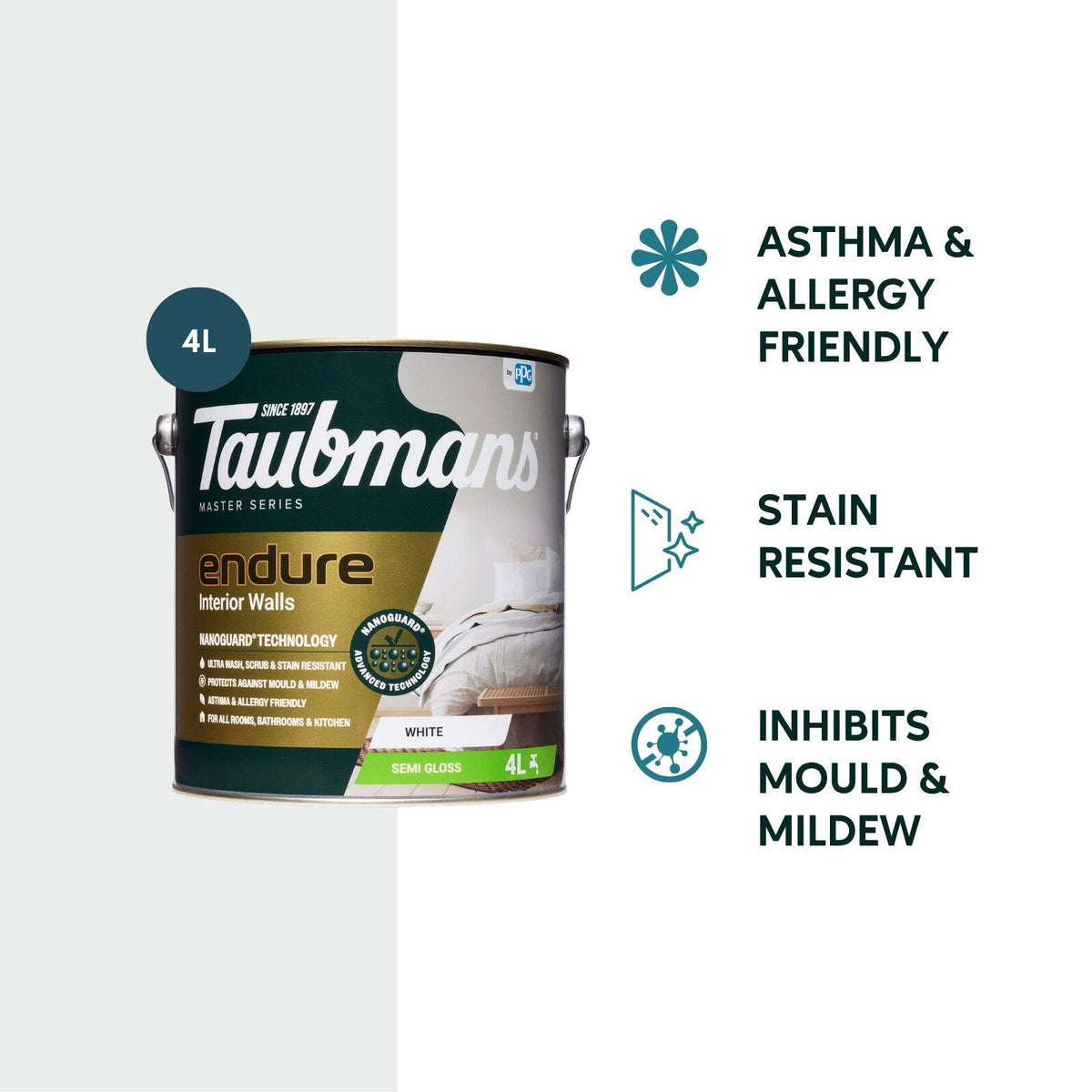 TAUBMANS Endure 4L White Semi Gloss Interior Walls Paint Water Based UV Resistant