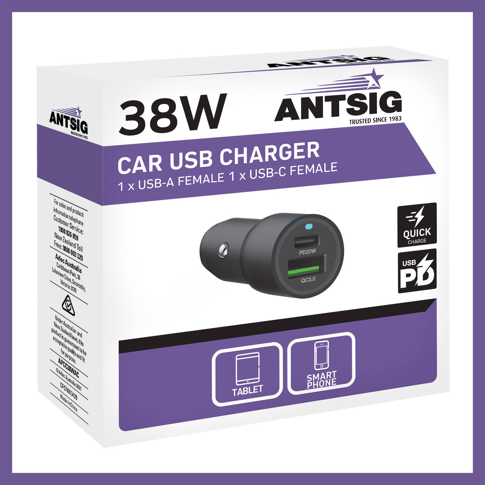 Antsig 38W 2-Port USB Car Charger APCC38WAC - Metal, USB-C & USB-A