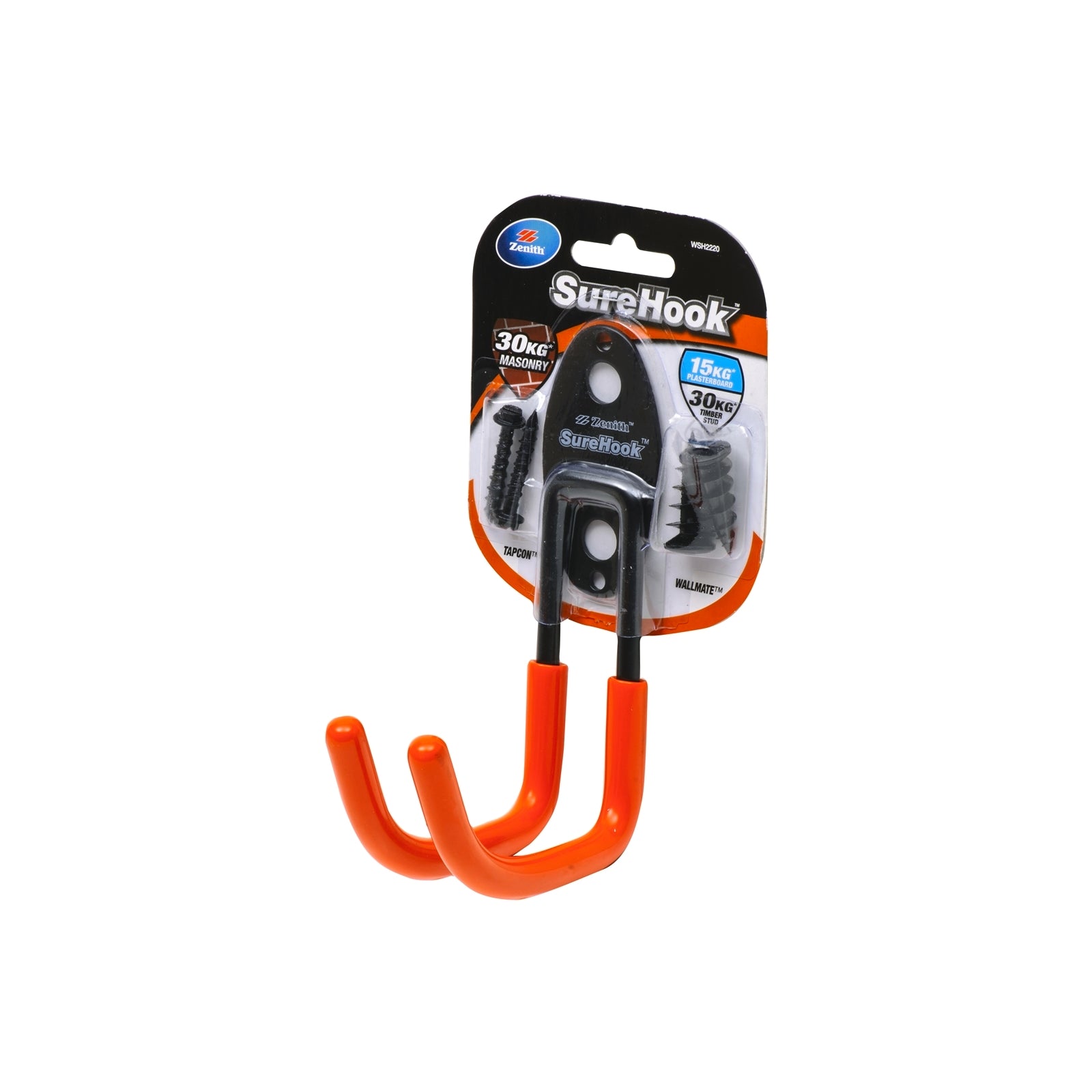 Zenith SureHook 15/30kg Black Large Garage U Hook - Carbon Steel, Rubberised Coating