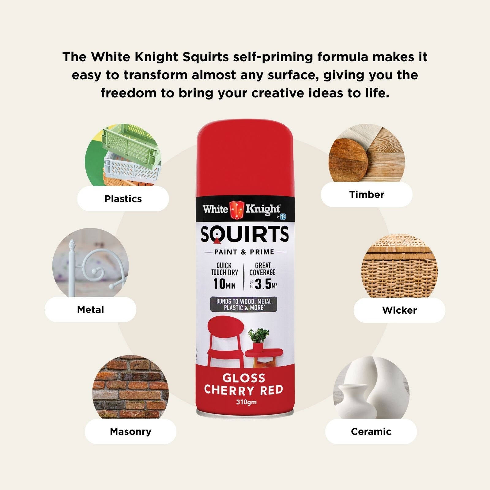 White Knight Squirts Cherry Red Gloss Spray Paint 310g - Solvent-Based, UV Resistant