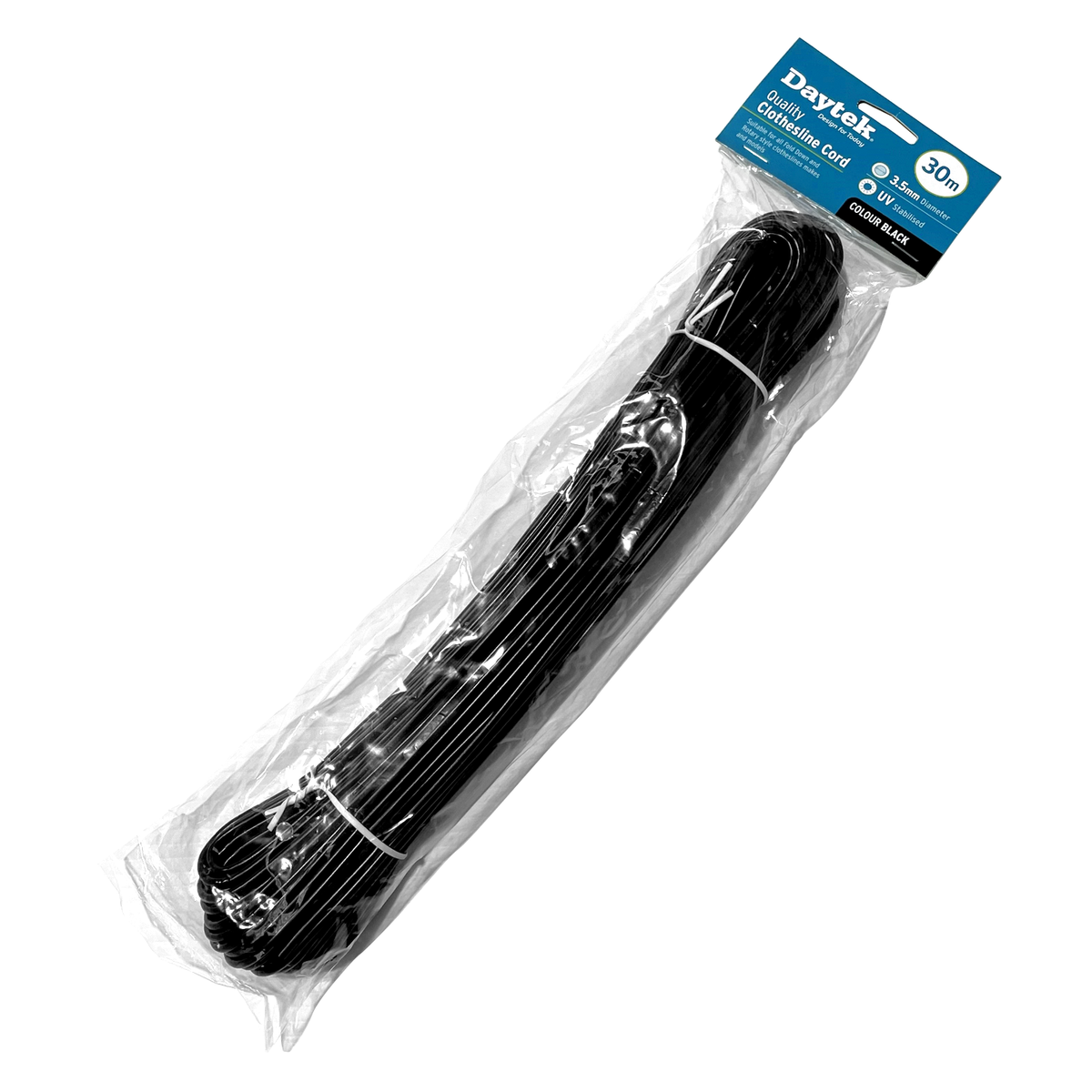 Daytek 30m Black Replacement Clothesline Cord, 3.5mm 24-Strand Nylon Core, UV-Stabilised PVC