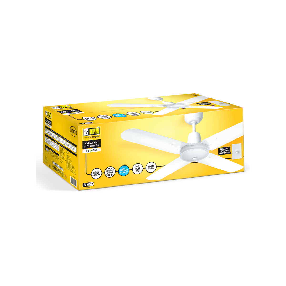 HPM 1420mm 65W White 4 Blade Hangsure Ceiling Fan Indoor CF14H4WE