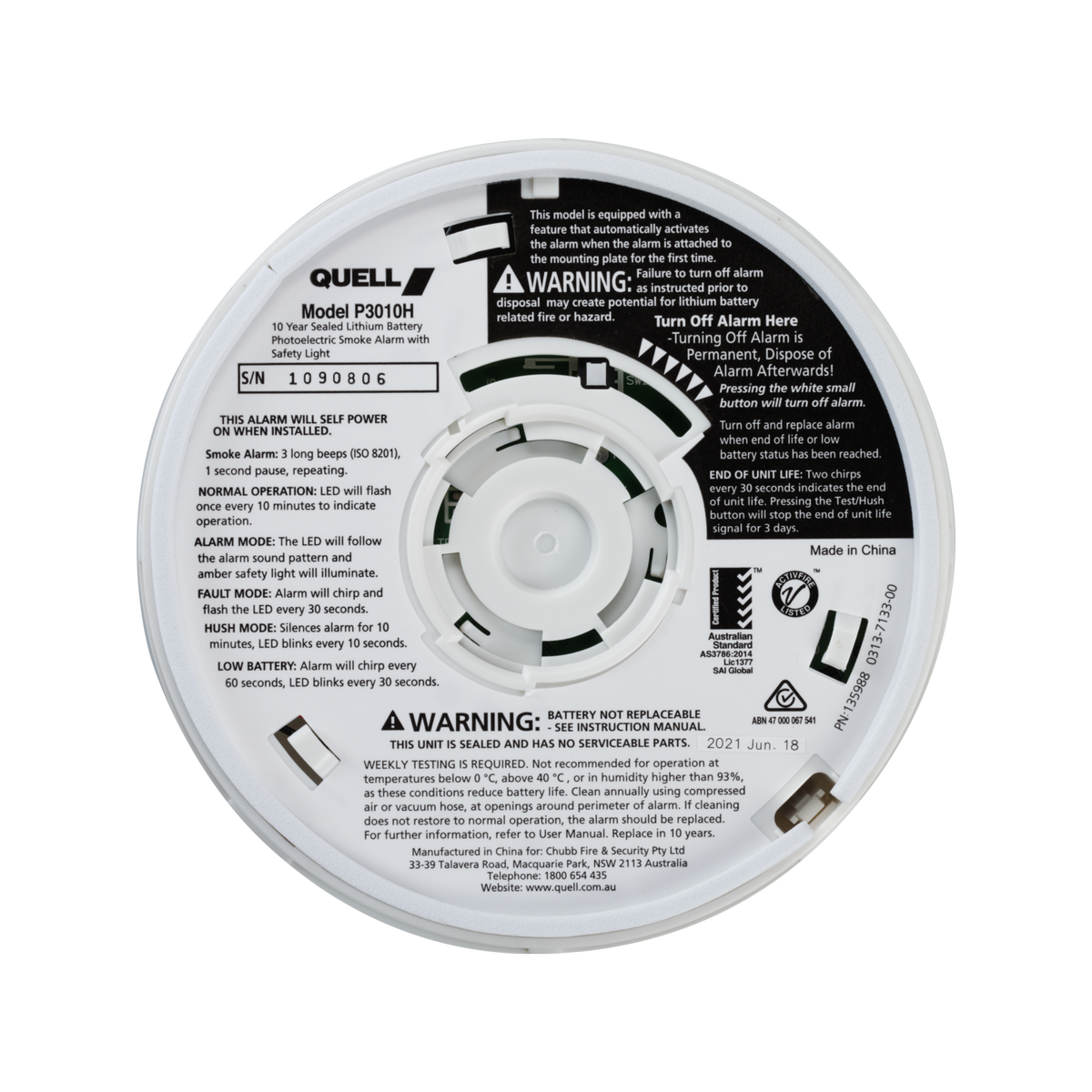 Quell Worry-Free Photoelectric Smoke Alarm with Escape Light Lithium P3010H