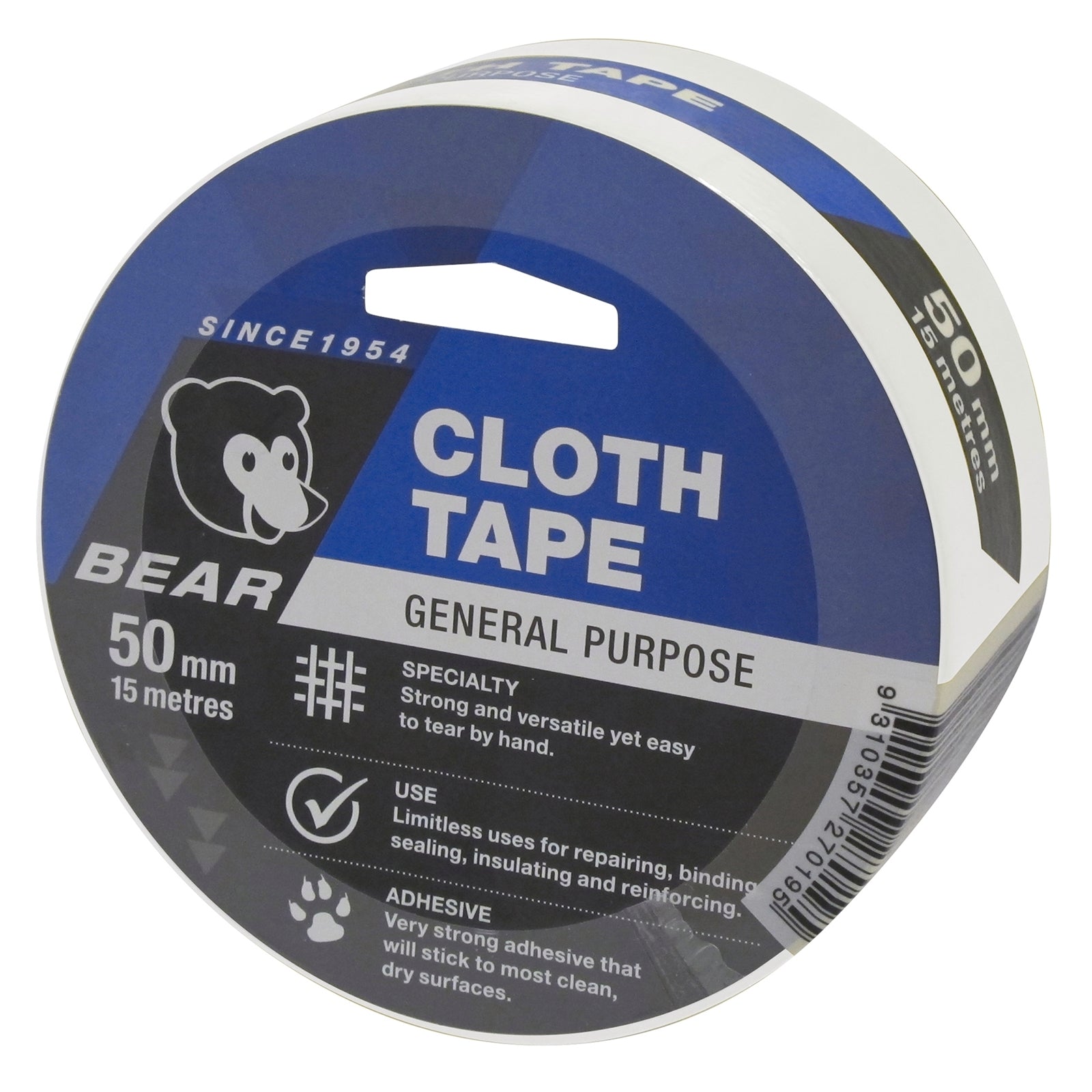 Bear White Cloth Tape 50mm x 15m General Purpose Hand-Tearable Repair Tape