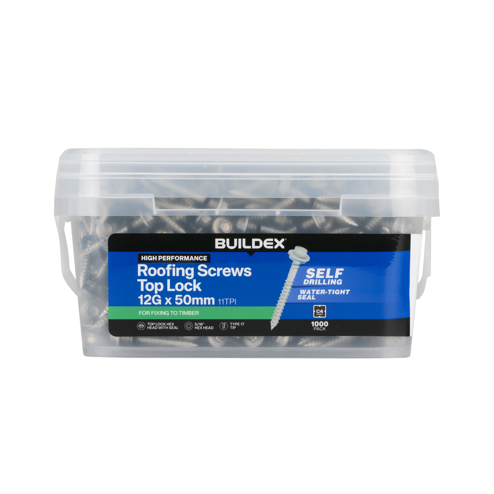 Buildex 12G x 50mm Class 4 Top Lock Hex Head Roofing Screws with Seal, 1000 Pack