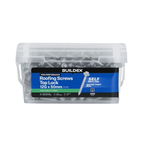 Buildex 12G x 50mm Class 4 Top Lock Hex Head Roofing Screws with Seal, 1000 Pack
