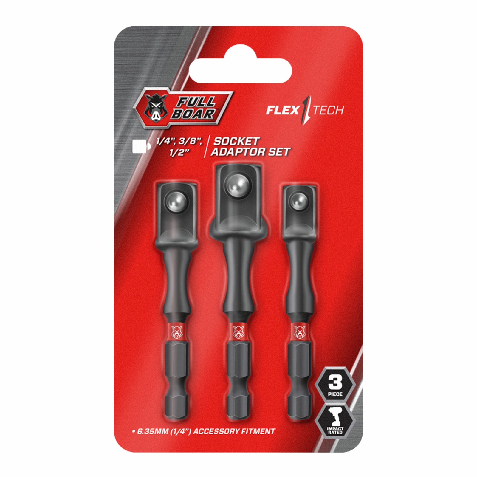 Full Boar 1/4", 3/8" & 1/2" S2 Steel Impact Socket Adaptor Set - 3 Piece
