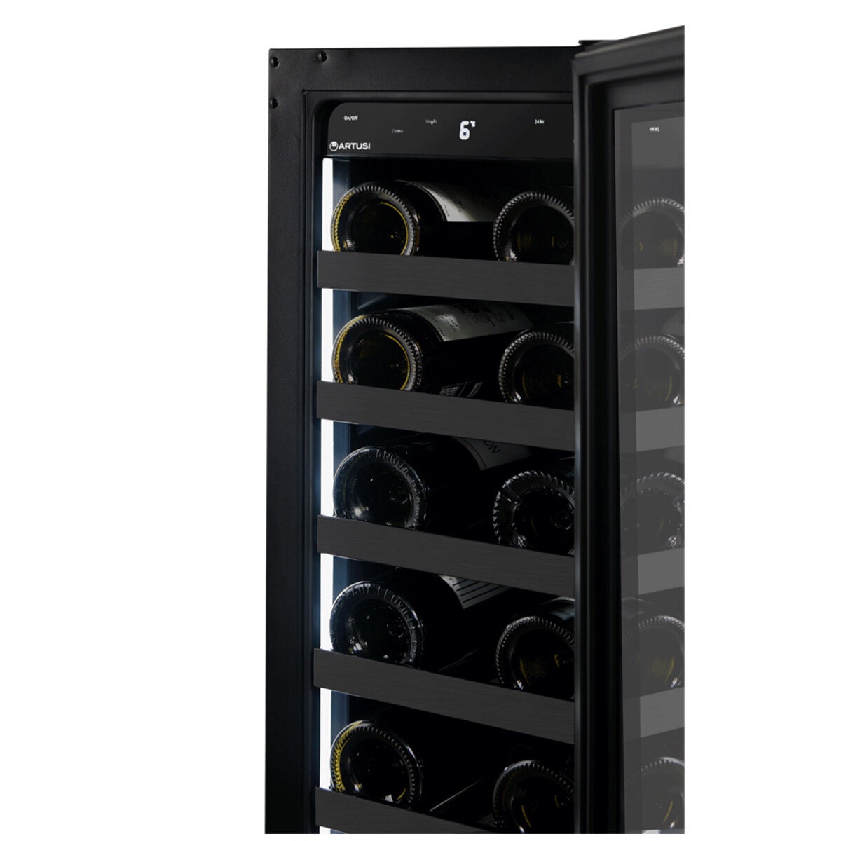 Artusi 18 bottle single zone wine cellar - black smoky glass, UV protected, reversible hinge - AWC18BV