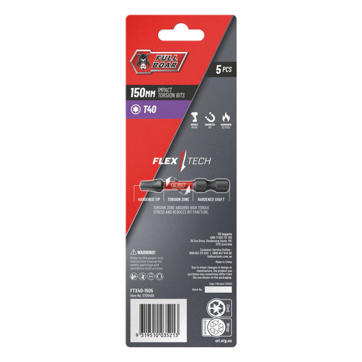 Full Boar T40 x 150mm S2 Steel Magnetic Impact Torsion Bit 5 Pack
