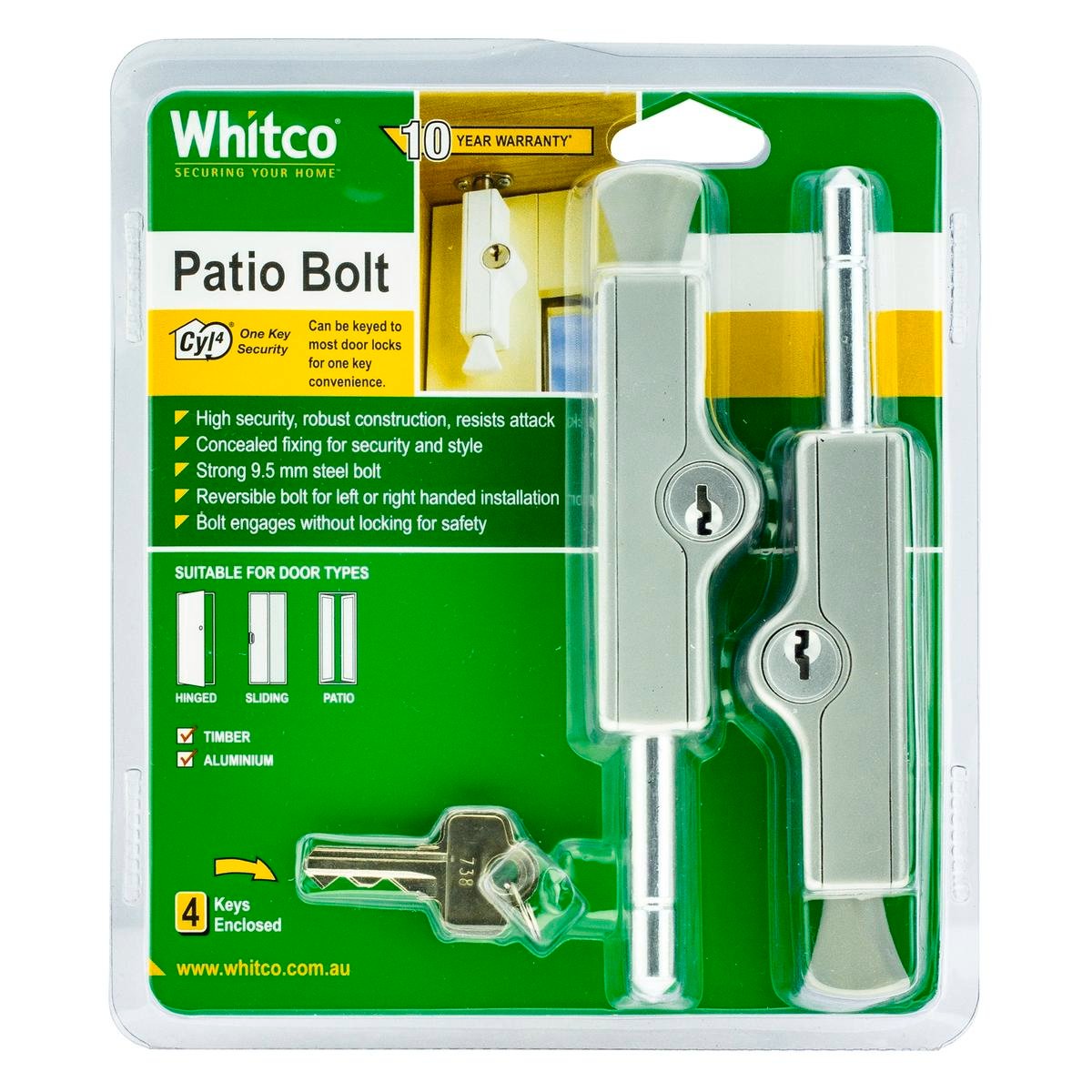 Whitco CYL4 Patio Bolt - Silver Zinc Diecast, Keyed, Indoor/Outdoor, 2 Pack