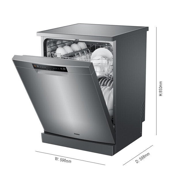 Haier 60cm Freestanding Auto Wash Dishwasher - 13 Place Settings - Silver - Soft Touch Controls - HDW13V1S1