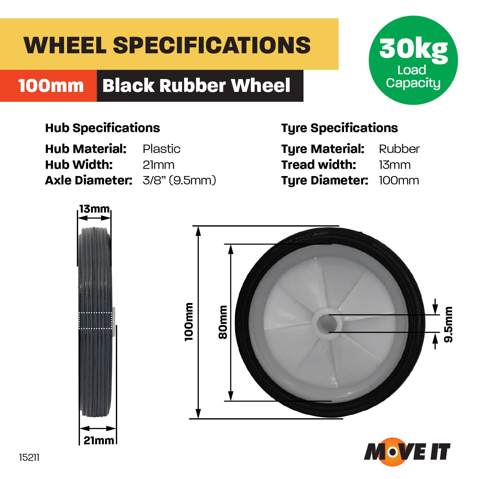 Move It 100mm White Plastic Centre Wheel with Rubber Tyre, Solid, 30kg Load