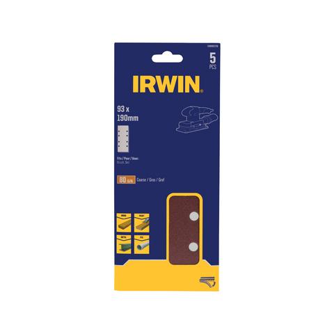 Irwin 93 x 190mm 80 Grit Punched Sand Sheets 5 Pack, 8 Holes